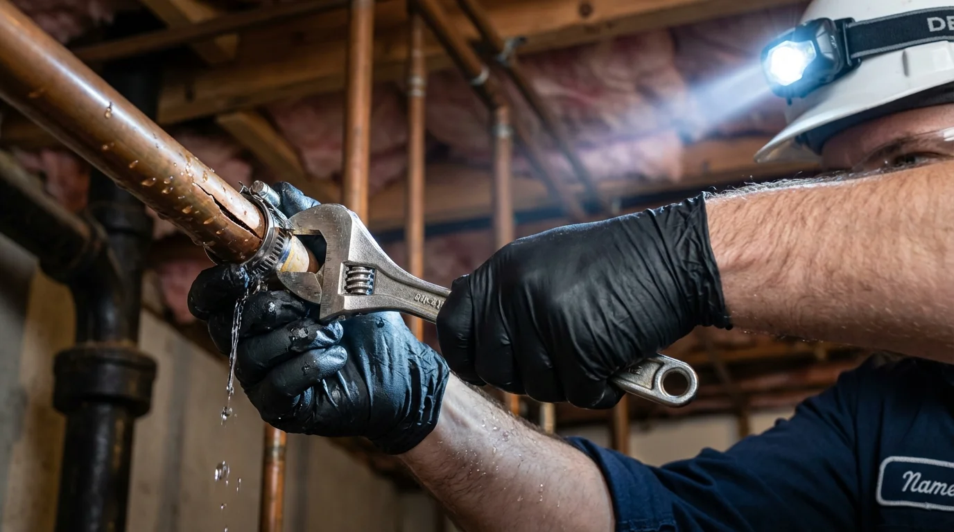Emergency pipe clamp repair being performed by a Johns Plumbing LLC plumber in The Villages