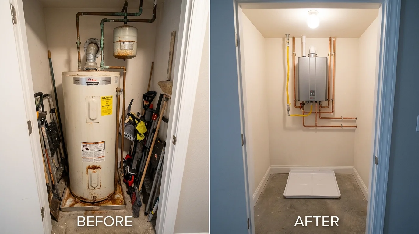 Tank water heater versus wall-mounted tankless unit comparison for The Villages, FL homeowners