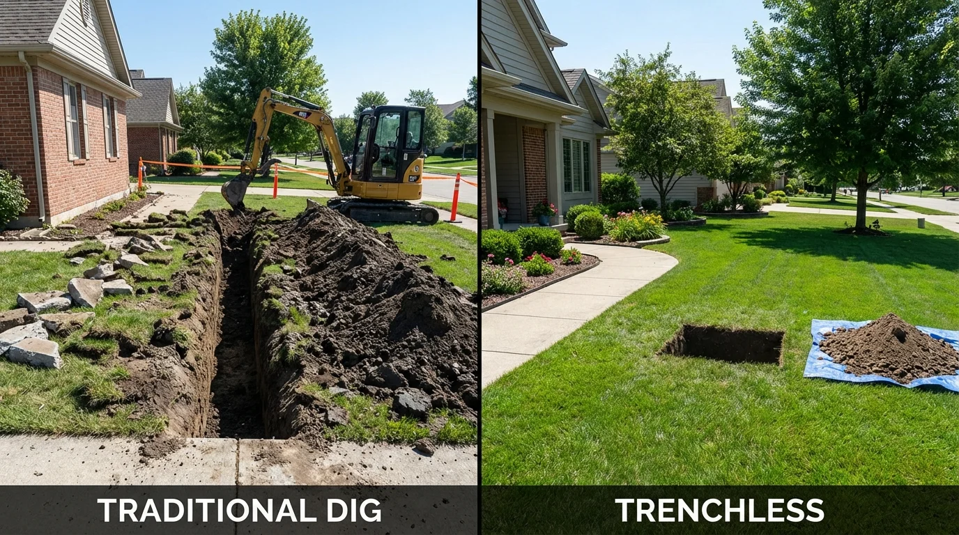 Trenchless sewer repair with minimal yard damage versus traditional excavation in The Villages, FL