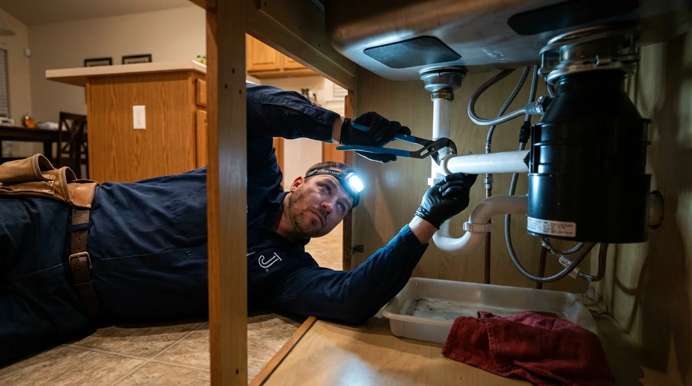 P-trap and supply line connections under a kitchen sink showing a common leak point in The Villages, FL
